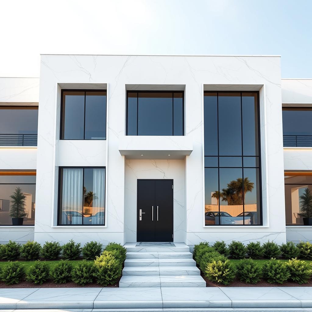Modern luxury house facade featuring elegant white marble walls complemented by large tinted glass windows