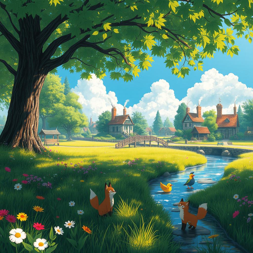An enchanting scene featuring a lush, whimsical forest meadow with vibrant greenery and colorful flowers, where gentle sunlight streams through the leaves, creating dappled shadows on the ground
