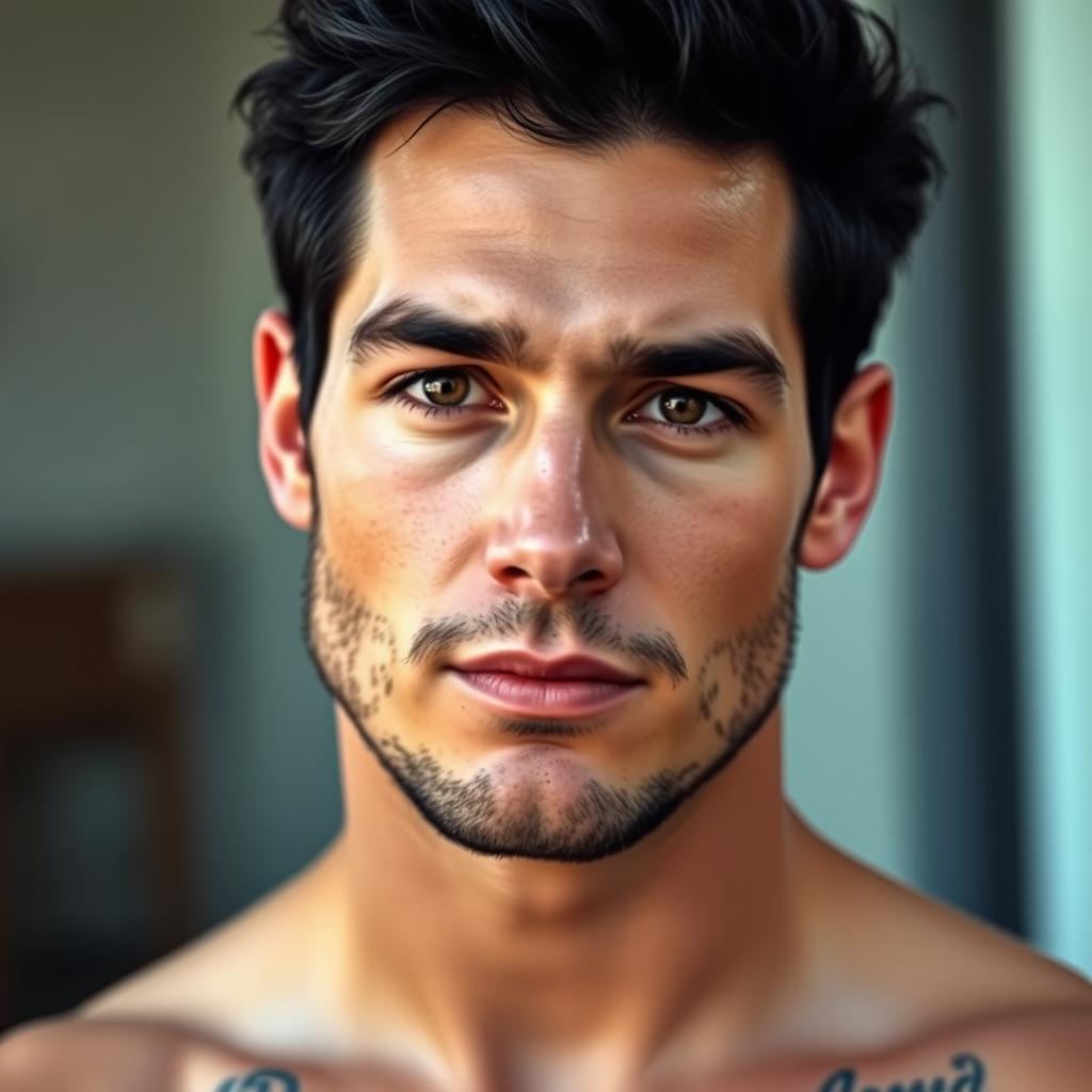 A handsome 38-year-old man with black hair, shorter on the sides and slightly curly on top, giving him a stylish look