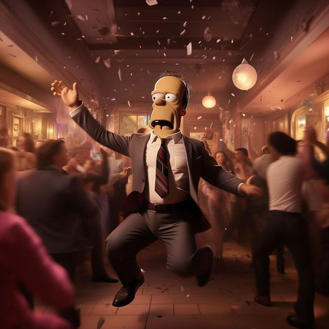 Homer Simpson in a snazzy suit, in mid-air, being thrown out of a bustling nightclub. His stunned expression coupled with his flying tie, create a humorous snapshot of nightlife shenanigans.