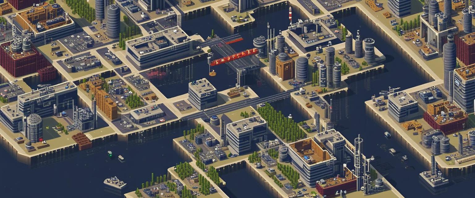 zoomed out futuristic City Pixel Art with large government building at the center, a scrapyard and large industrial factories dotted around and a spaceport, no water