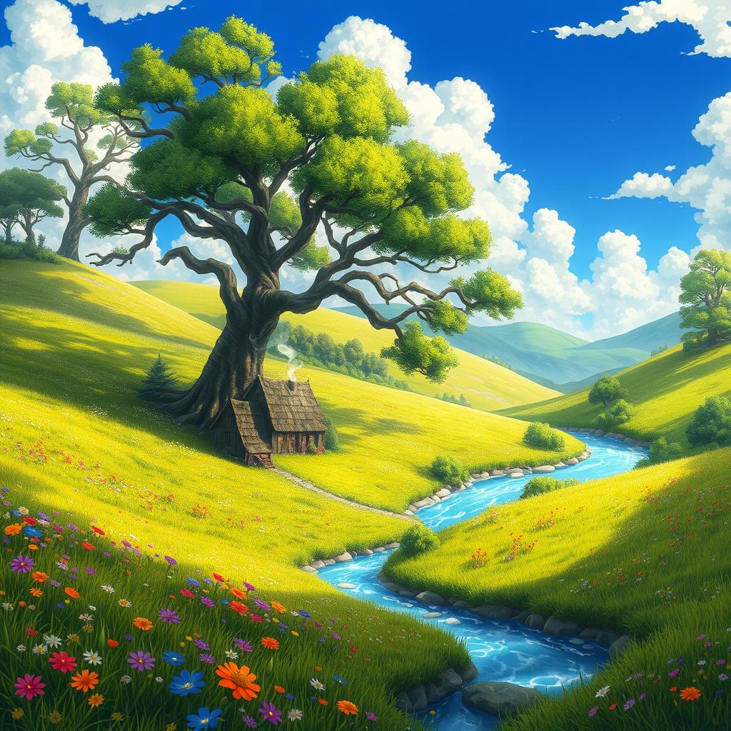 A whimsical fantasy landscape in the Studio Ghibli style, featuring lush, rolling hills covered in vibrant green grass, colorful wildflowers in full bloom, and a crystal-clear river winding through the scene