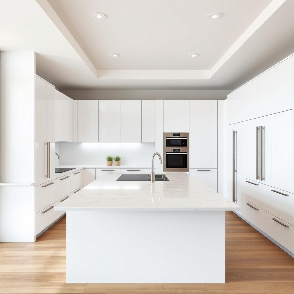 A modern kitchen featuring a minimalist design characterized by sleek matte white cabinets and a beautiful quartz countertop with subtle veining