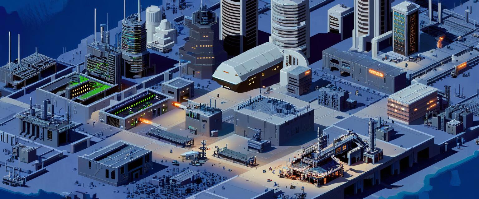 zoomed out futuristic City Pixel Art with large government building at the center, a scrapyard and large industrial factories dotted around and a spaceport