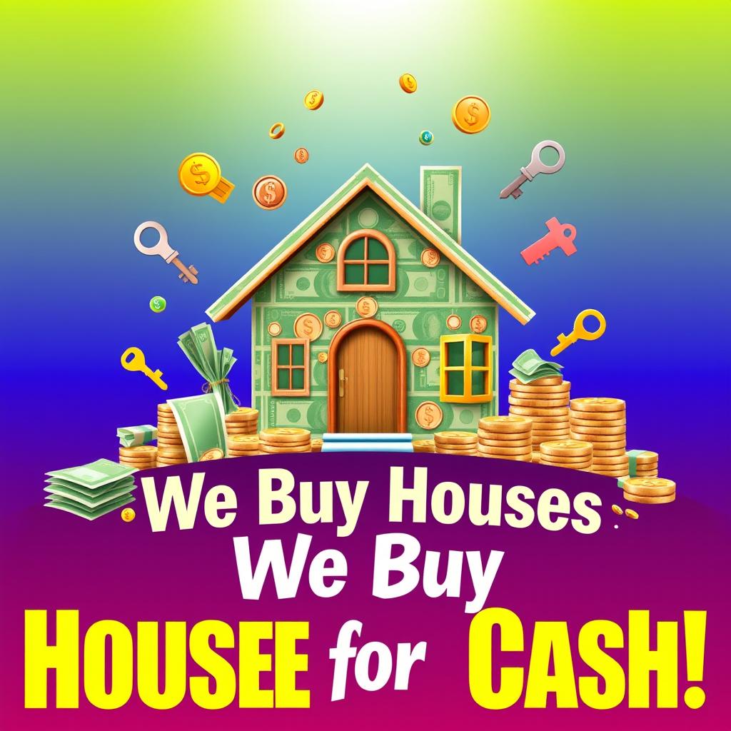 An artistic representation of a vibrant and eye-catching advertisement for a cash home-buying company