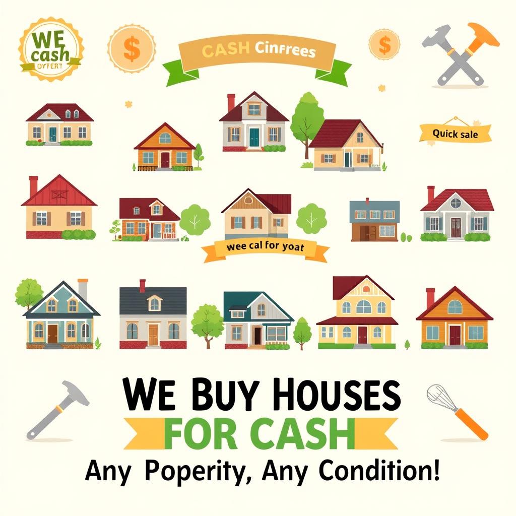 A visually appealing advertisement for a cash home-buying service, featuring a diverse range of homes in various conditions