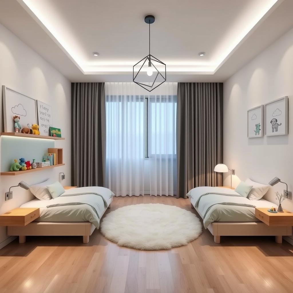 A modern kids' bedroom featuring two low-profile single beds dressed in soft linens, complemented by a calming color palette of white, light blue, and mint green