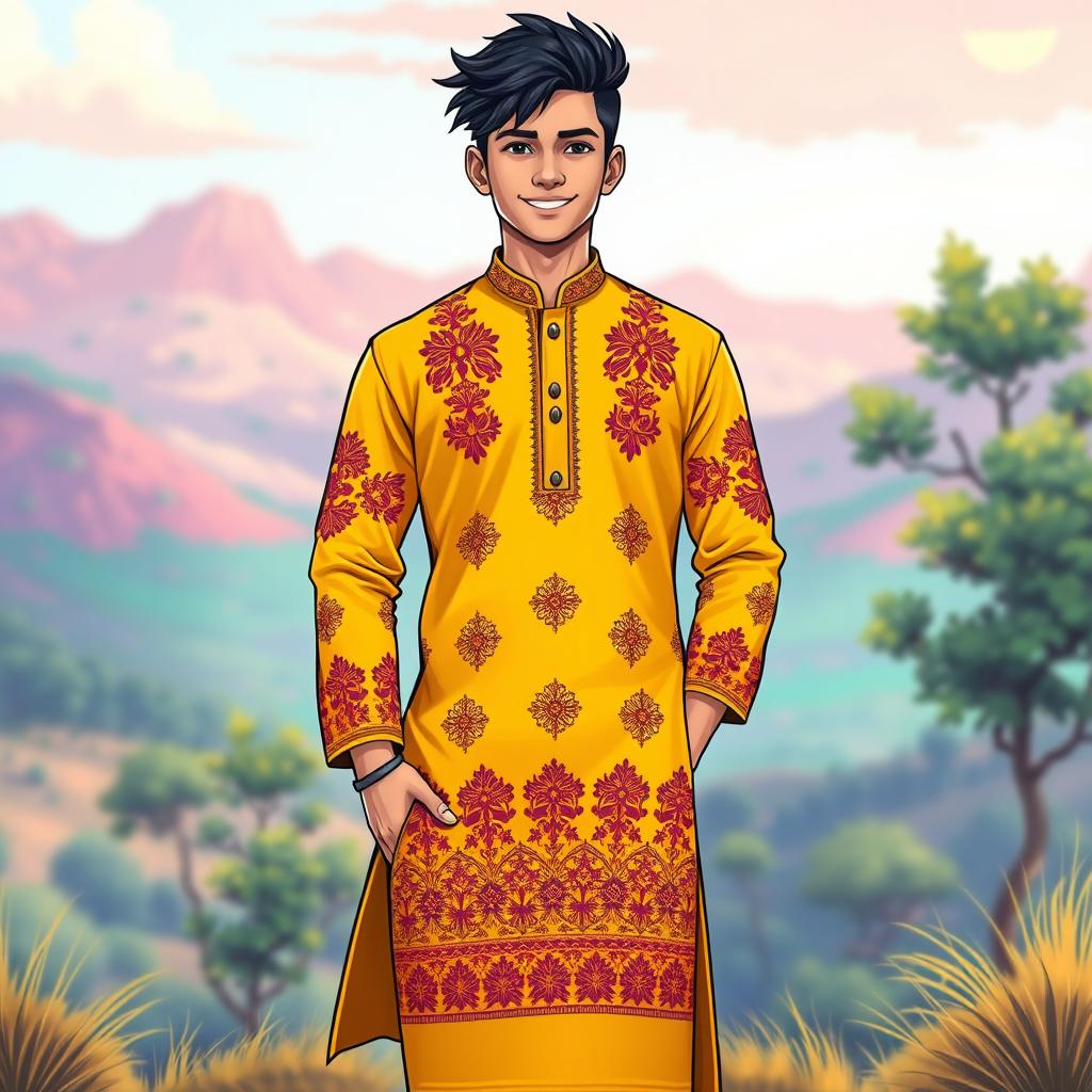 A full body portrait of a 20-year-old Indian anime man standing confidently