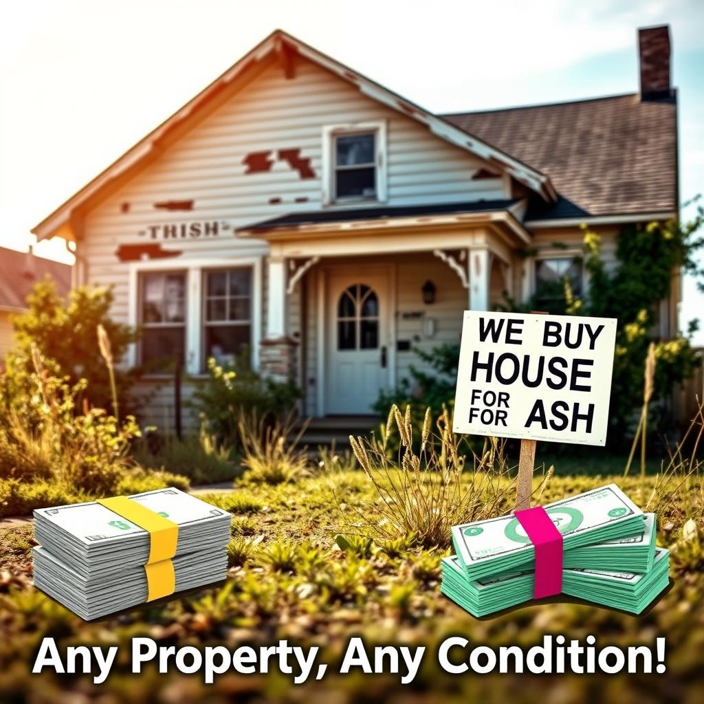 A creative advertisement for a cash home-buying service, showcasing a distressed, old house in need of repair