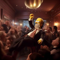 Homer Simpson in a snazzy suit, in mid-air, being thrown out of a bustling nightclub. His stunned expression coupled with his flying tie, create a humorous snapshot of nightlife shenanigans.