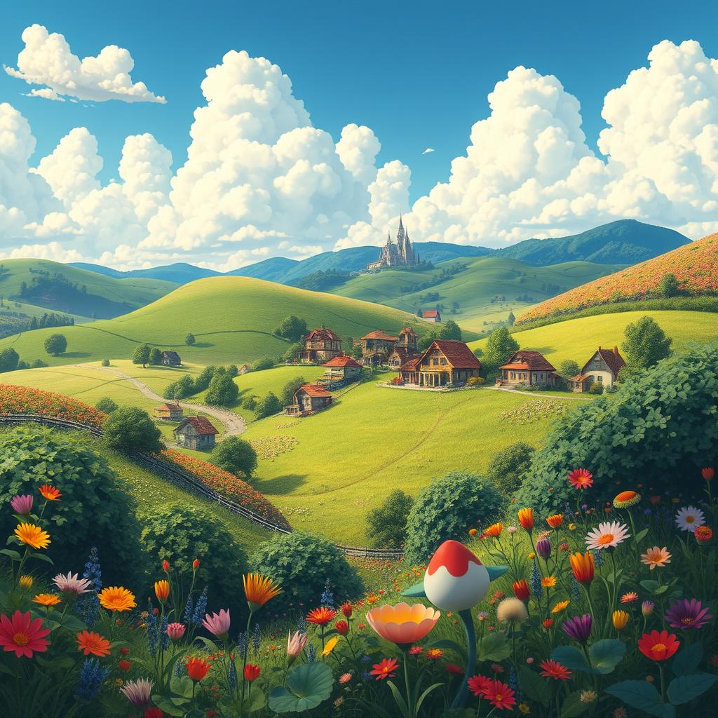 A vibrant and whimsical landscape inspired by Studio Ghibli, featuring lush rolling hills, a charming village with quaint cottages, colorful flowers blooming everywhere, and fluffy clouds floating in a bright blue sky