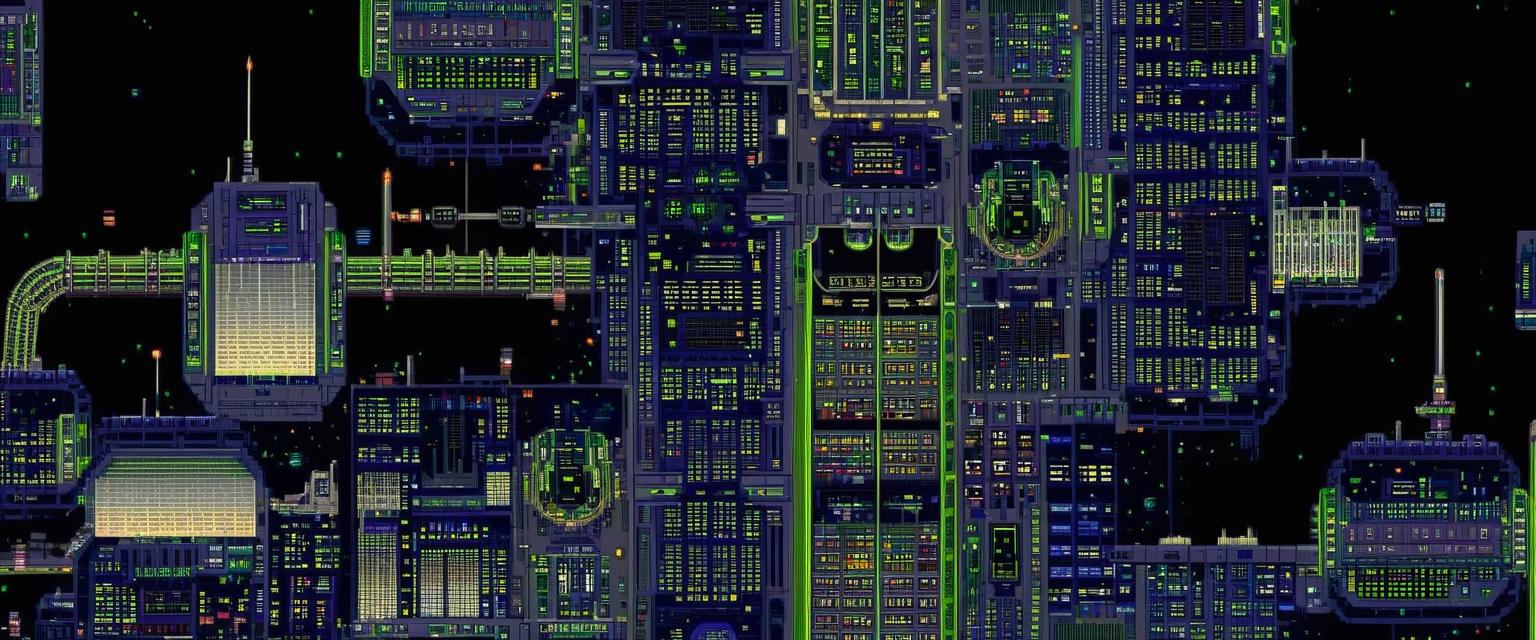 zoomed out futuristic City Pixel Art with large government building at the center, a scrapyard and large industrial factories dotted around and a spaceport