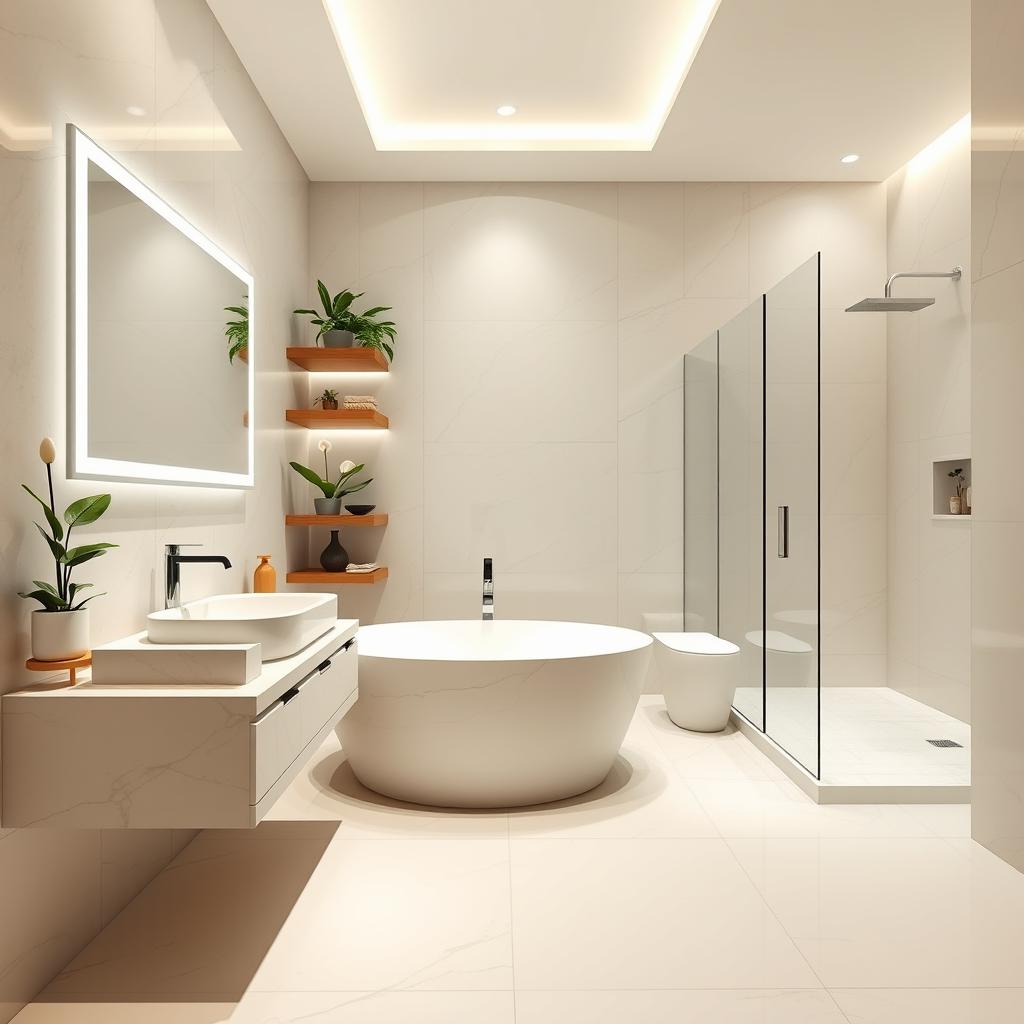 A modern bathroom featuring a luxurious freestanding bathtub and a spacious walk-in shower