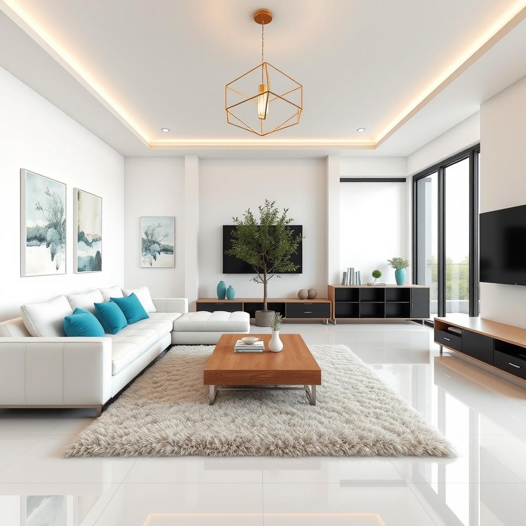 A modern living room featuring an L-shaped white sofa adorned with turquoise accent pillows