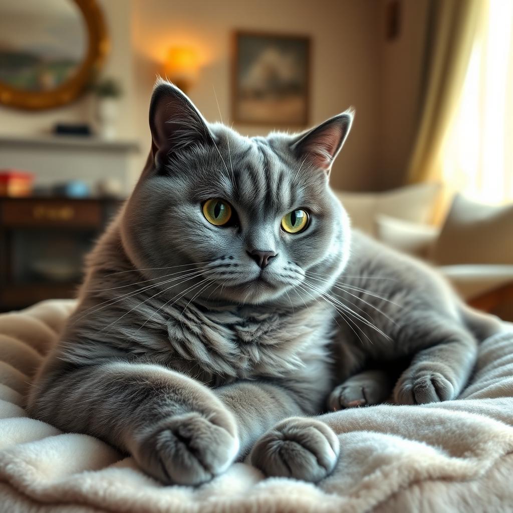 An adult British Blue Shorthair cat with plush, blue-grey fur, large round eyes, and a strong, muscular build, gracefully lounging on a soft, luxurious cat bed