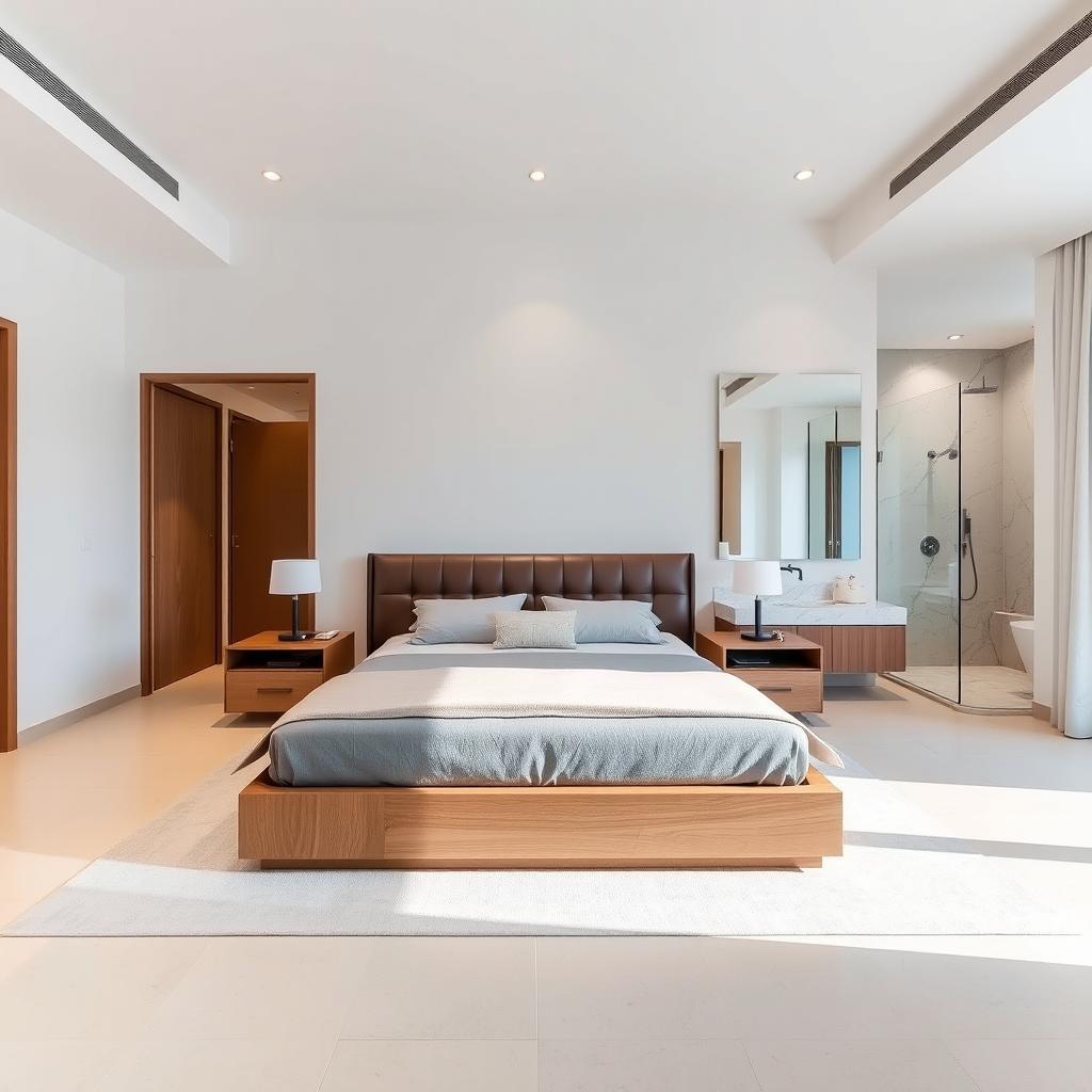 A modern master bedroom featuring a spacious layout with an ensuite bathroom