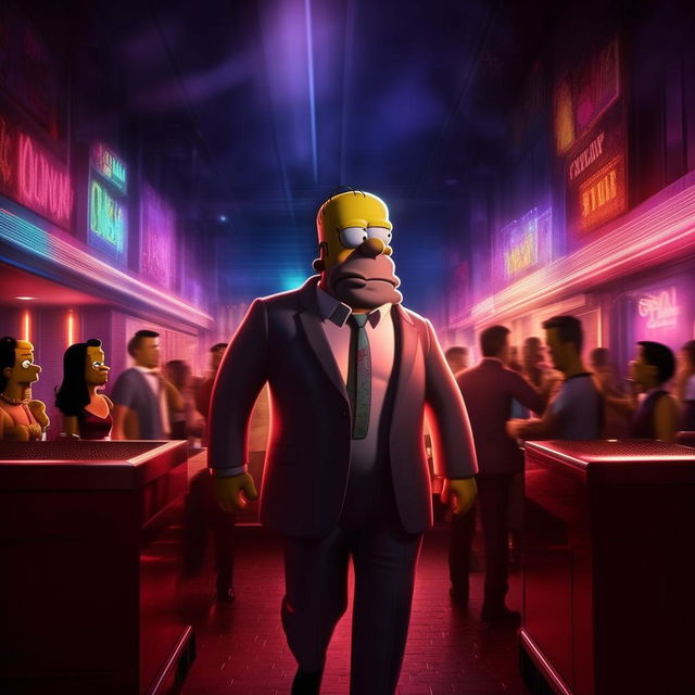 Homer Simpson, clad in a sleek suit, being gently but firmly escorted out of a lively nightclub by a stern-faced bouncer. The setting is full of light and music, contrasting Homer's unfortunate predicament.