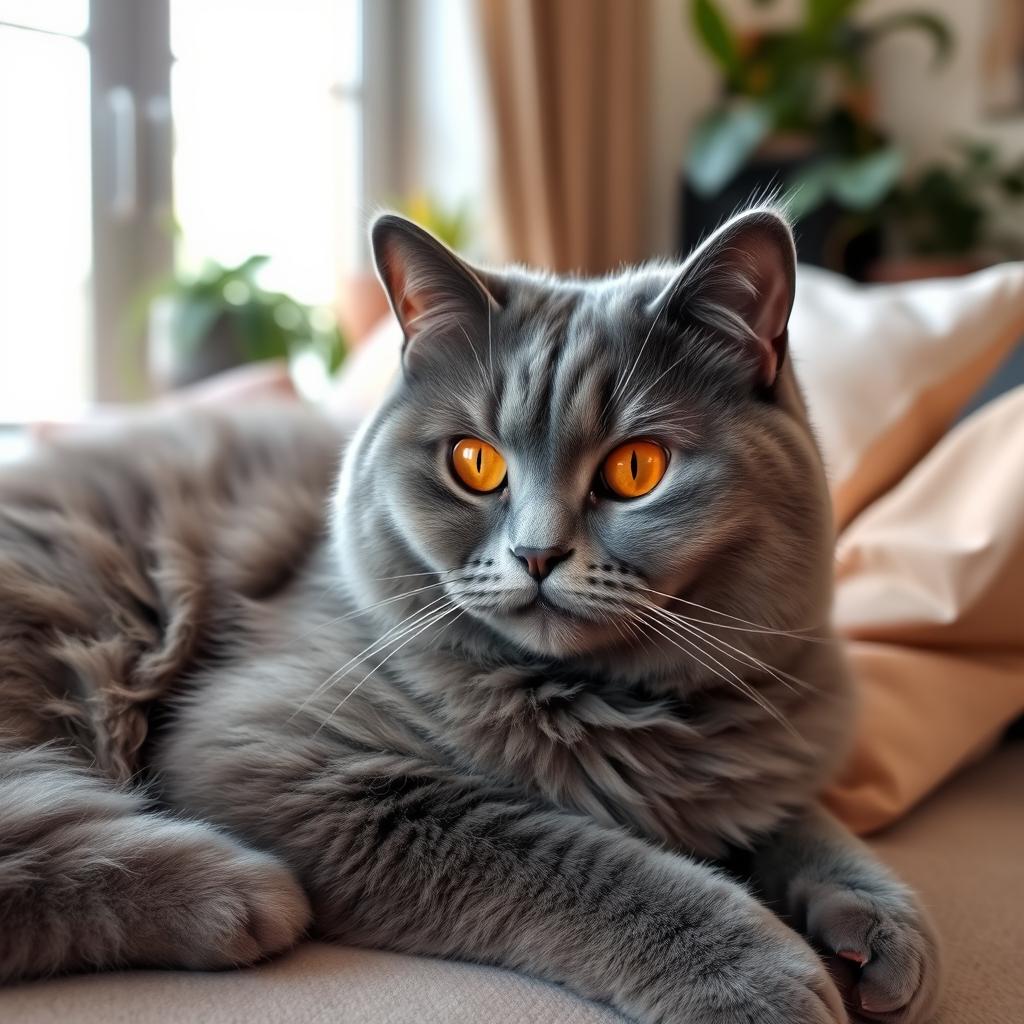 An adult British Blue Shorthair cat with a dense, plush coat of slate-gray fur, round face, and striking copper-orange eyes, lounging comfortably on a soft, cozy sofa with a stylish living room background