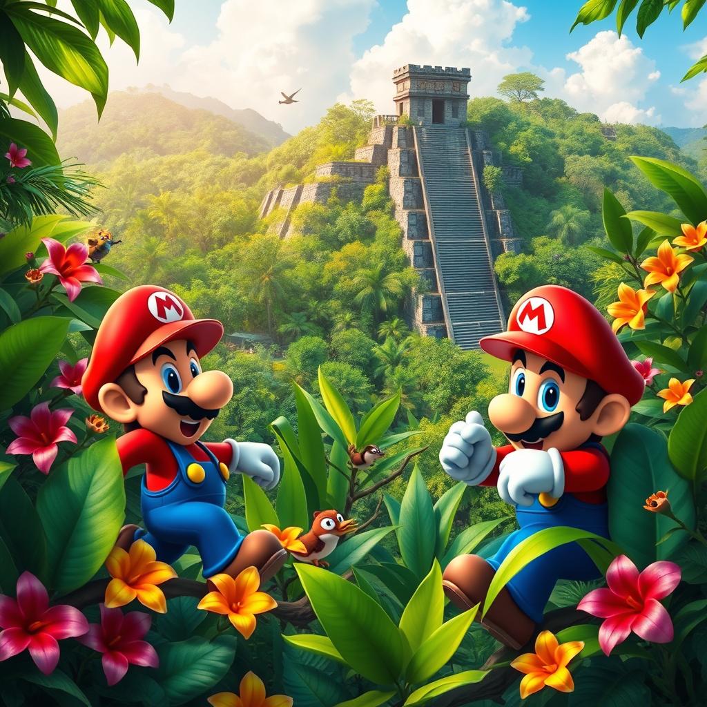 A vibrant and colorful scene depicting the iconic Mario and Luigi characters from the Mario Bros video game series, exploring the lush jungles of Honduras