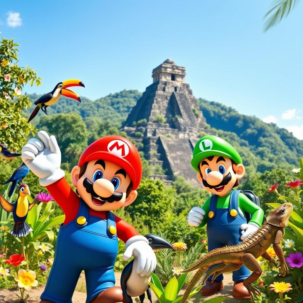 A lively scene depicting Mario and Luigi, the iconic characters from the Mario Bros franchise, exploring the vibrant landscape of Honduras