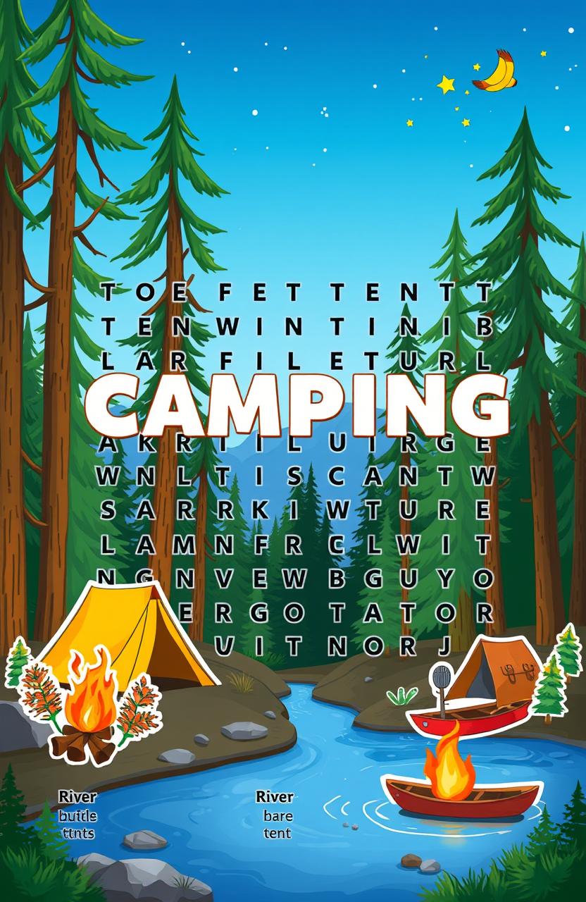 A beautifully illustrated word search puzzle featuring a camping theme