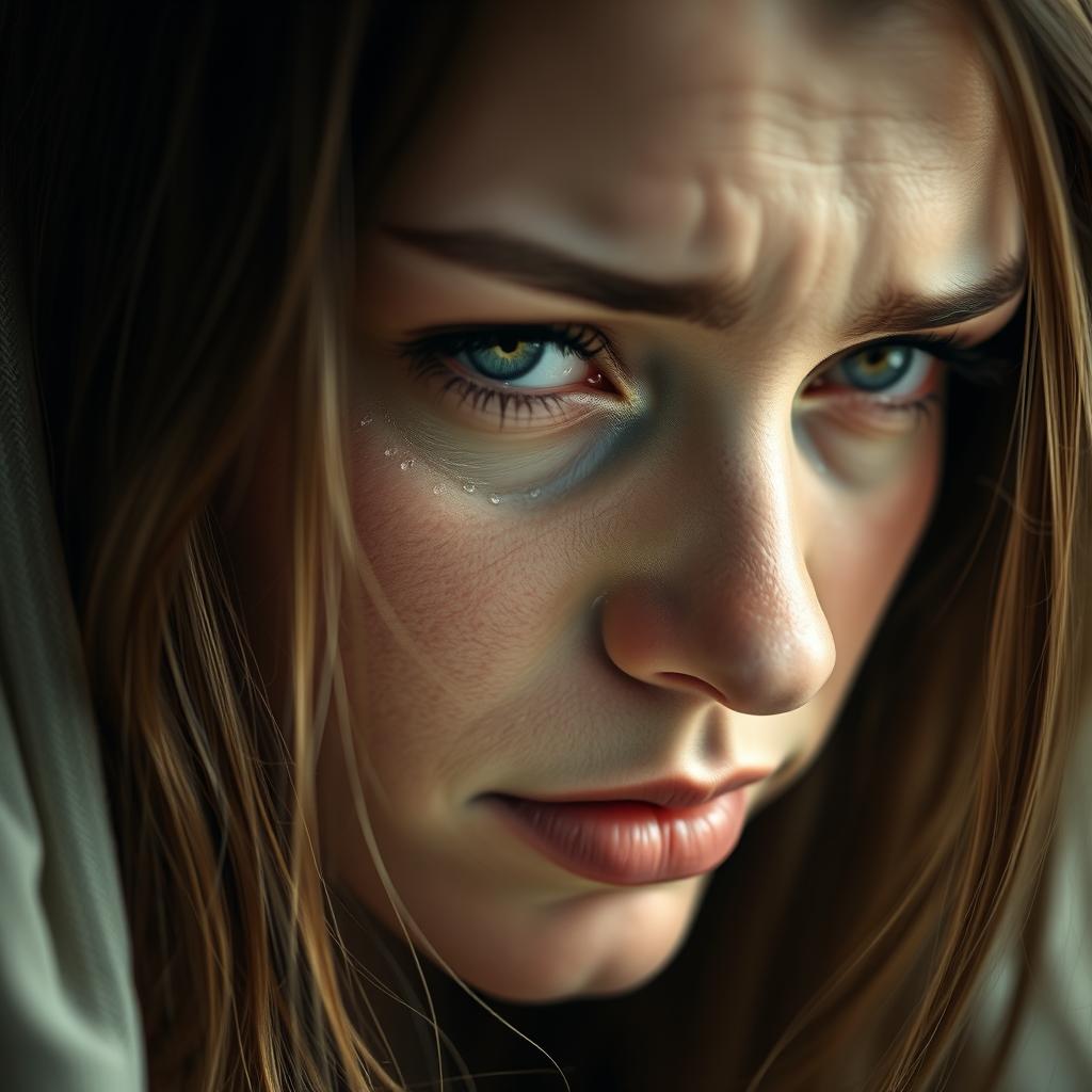A close-up portrait of a woman with tears streaming down her face, capturing her deep emotion and vulnerability