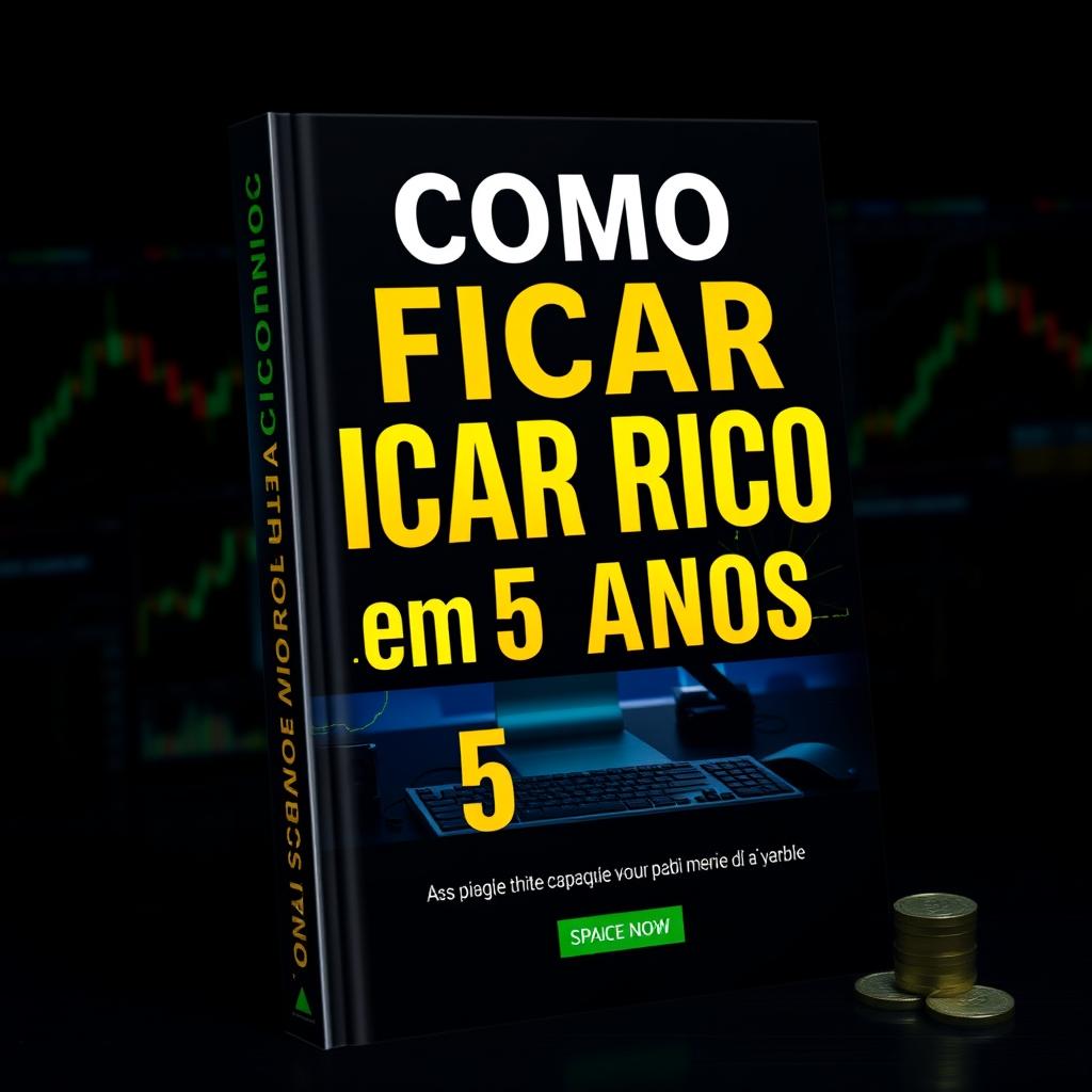 A dark-themed e-book cover design featuring a sleek trading computer setup, symbolizing wealth and financial success