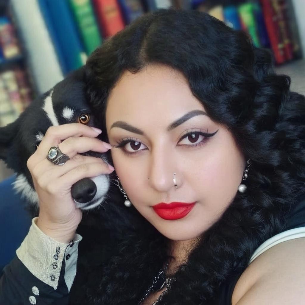 Que la mujer de la foto esté junto a un lobo negro con ojos rojos y que la mujer se muestre con un vestuario acorde a estar con un lobo alfa grande