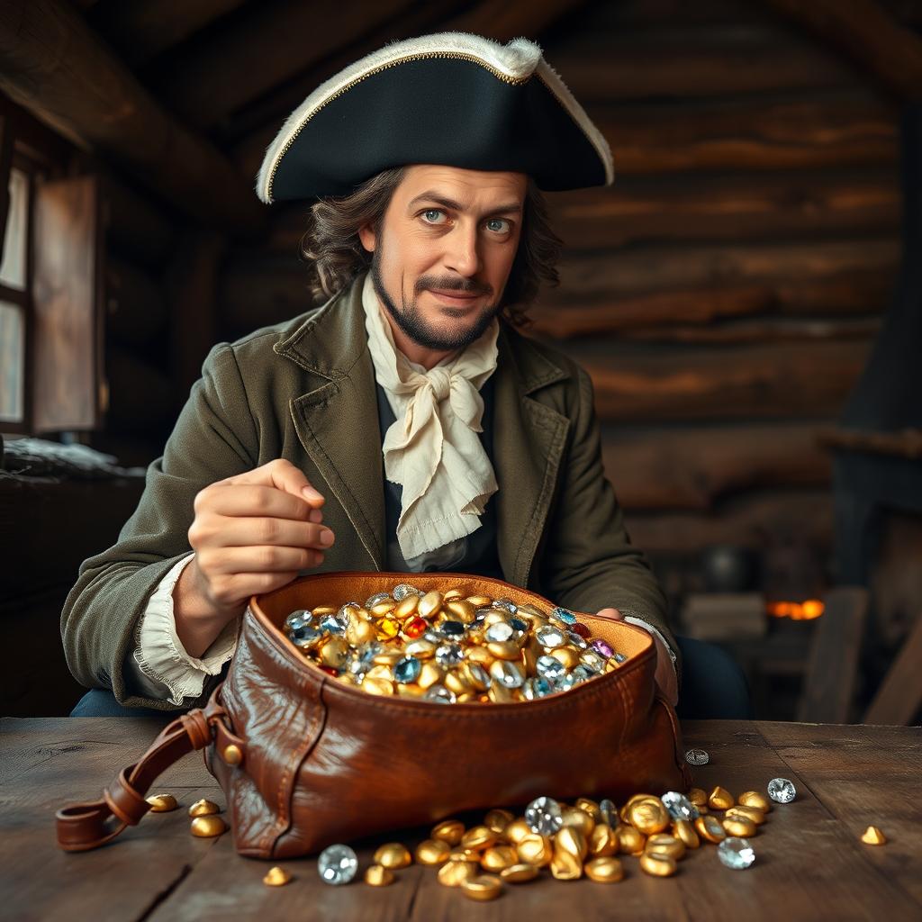 An 18th-century man inside a rustic wooden cabin, with a small opened leather bag overflowing with sparkling diamonds, colorful gemstones, and shiny gold nuggets scattered around