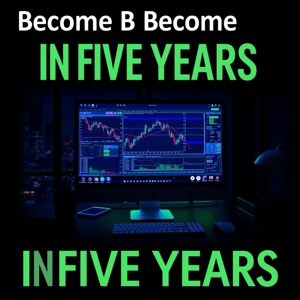 A dark-themed e-book cover for a guide on becoming wealthy in five years, featuring a sleek, modern trading computer setup