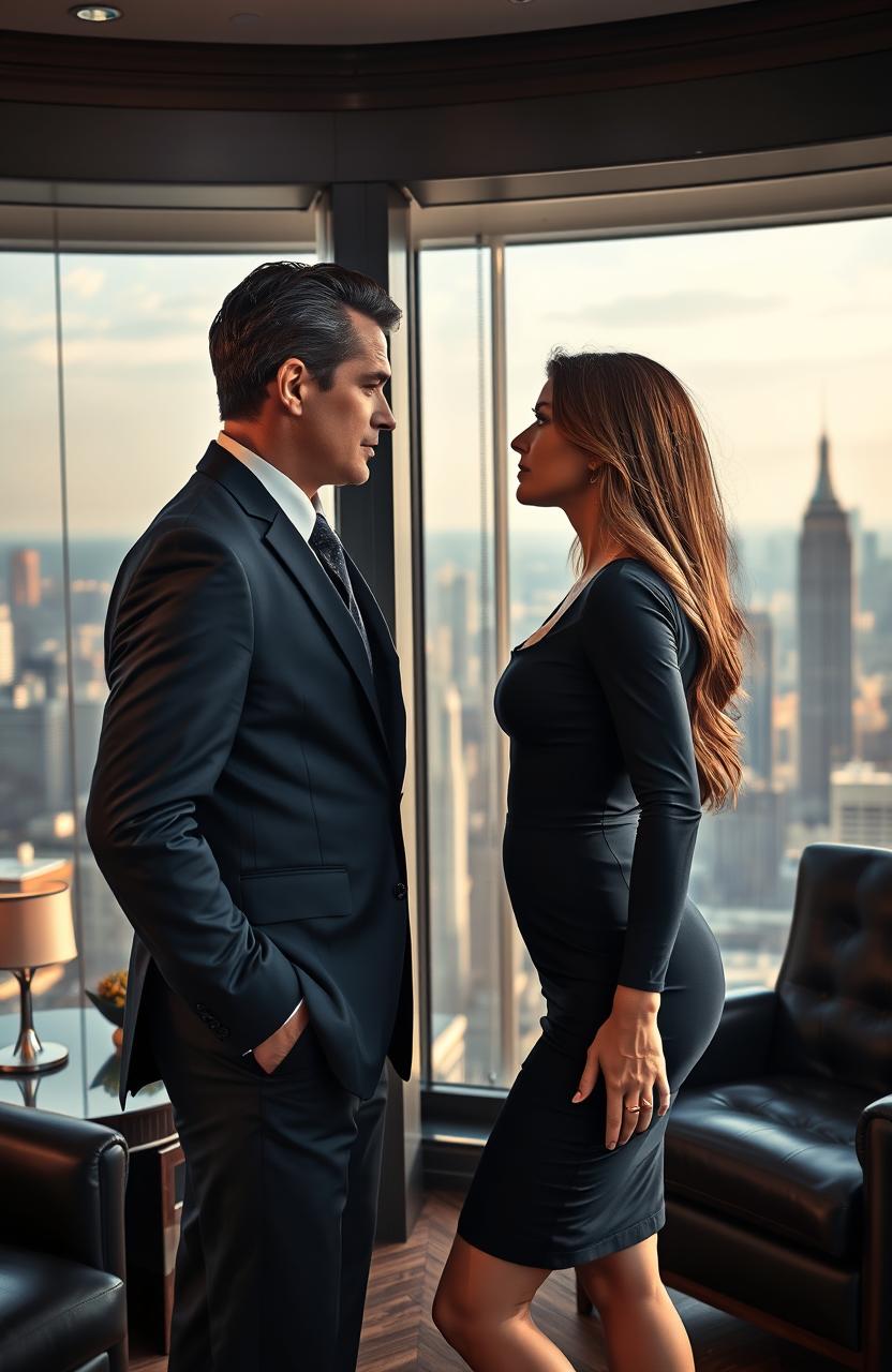 A dramatic scene depicting a forbidden romance between a 50-year-old billionaire CEO and his 25-year-old gorgeous assistant