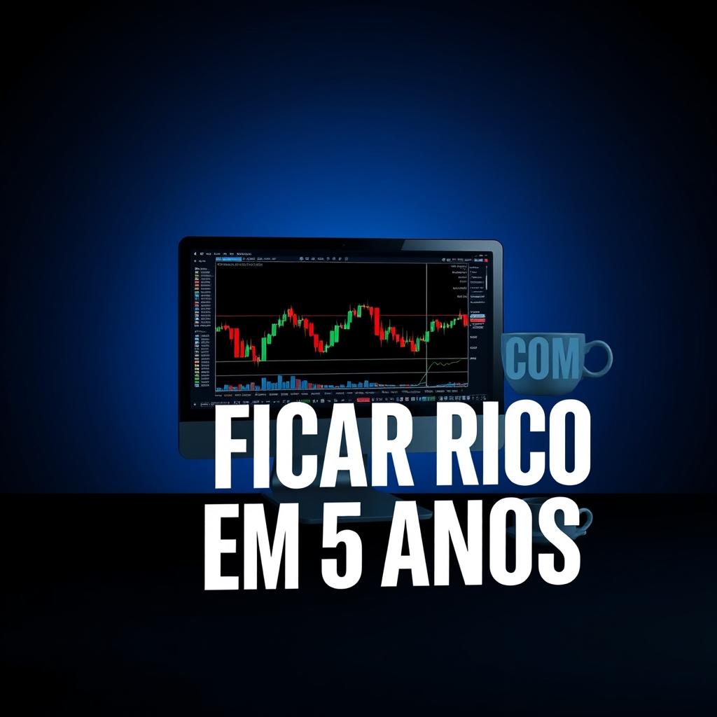 Uma capa de e-book escura e sofisticada, apresentando um computador moderno de trader com gráficos financeiros e candlesticks visíveis na tela