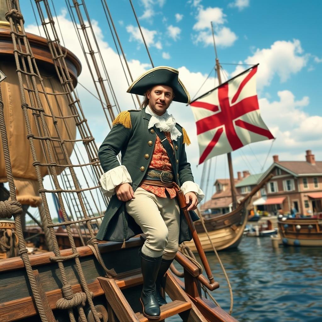 An 18th century man boarding a galleon via a wooden ladder, with the galleon's sails adorned with the 18th century flag of England