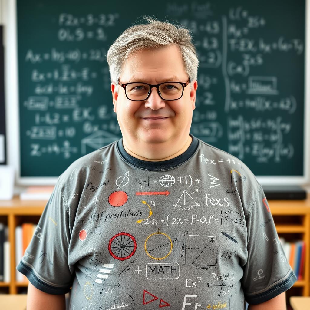 A chubby middle-aged male professor with slightly graying hair tied up, wearing functional glasses