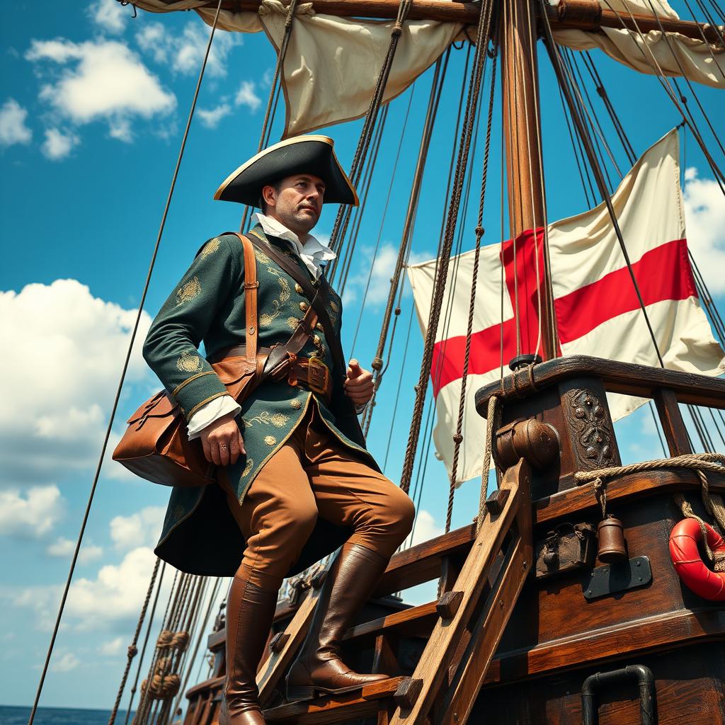 An 18th century man boarding a galleon via a wooden ladder, with the ship's sails displaying the 18th century flag of England
