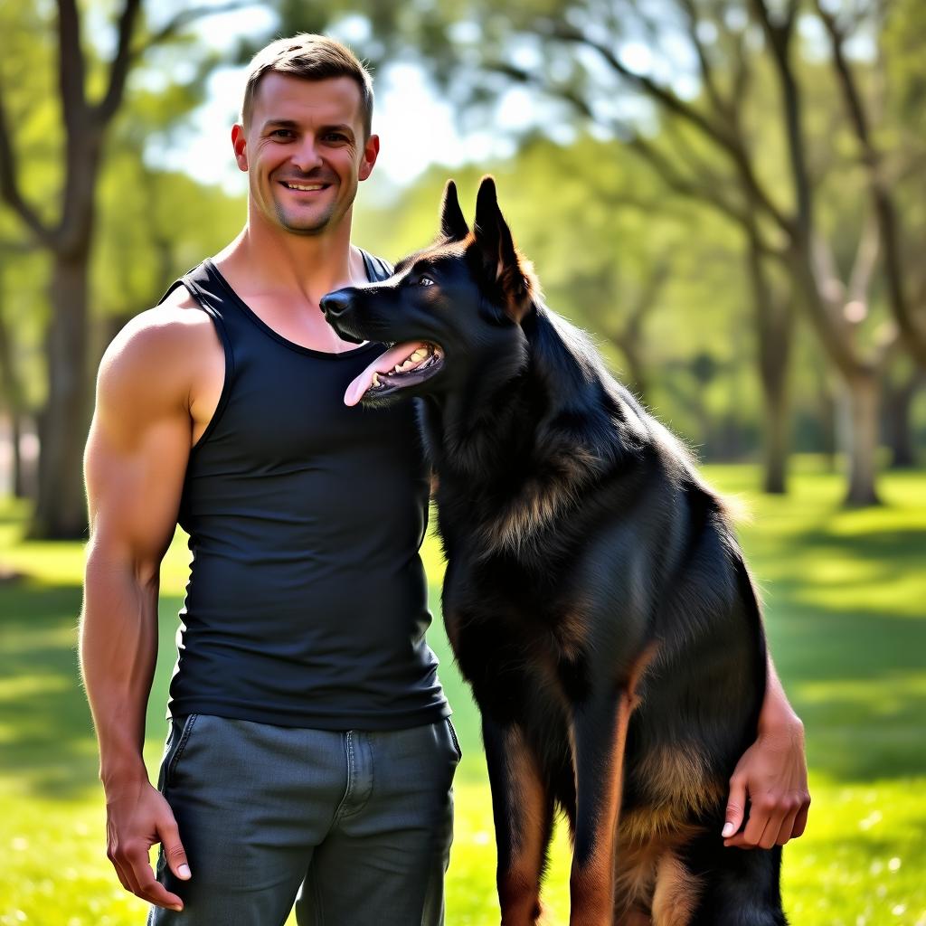 A black German shepherd dog standing proudly next to a bold, muscular man with a confident expression, wearing a fitted tank top that highlights his strong build