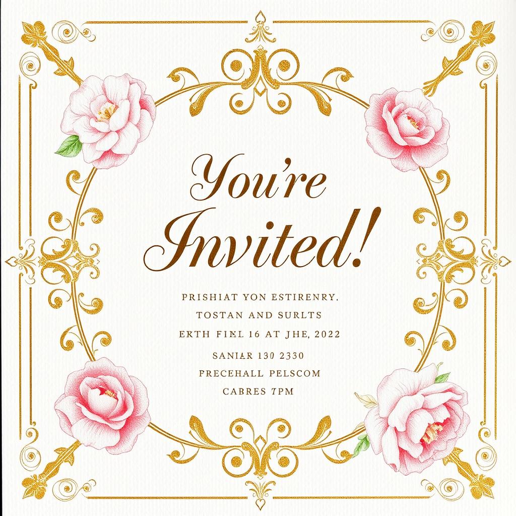 A beautifully designed invitation card featuring elegant floral elements, gold lettering, and a soft pastel color palette