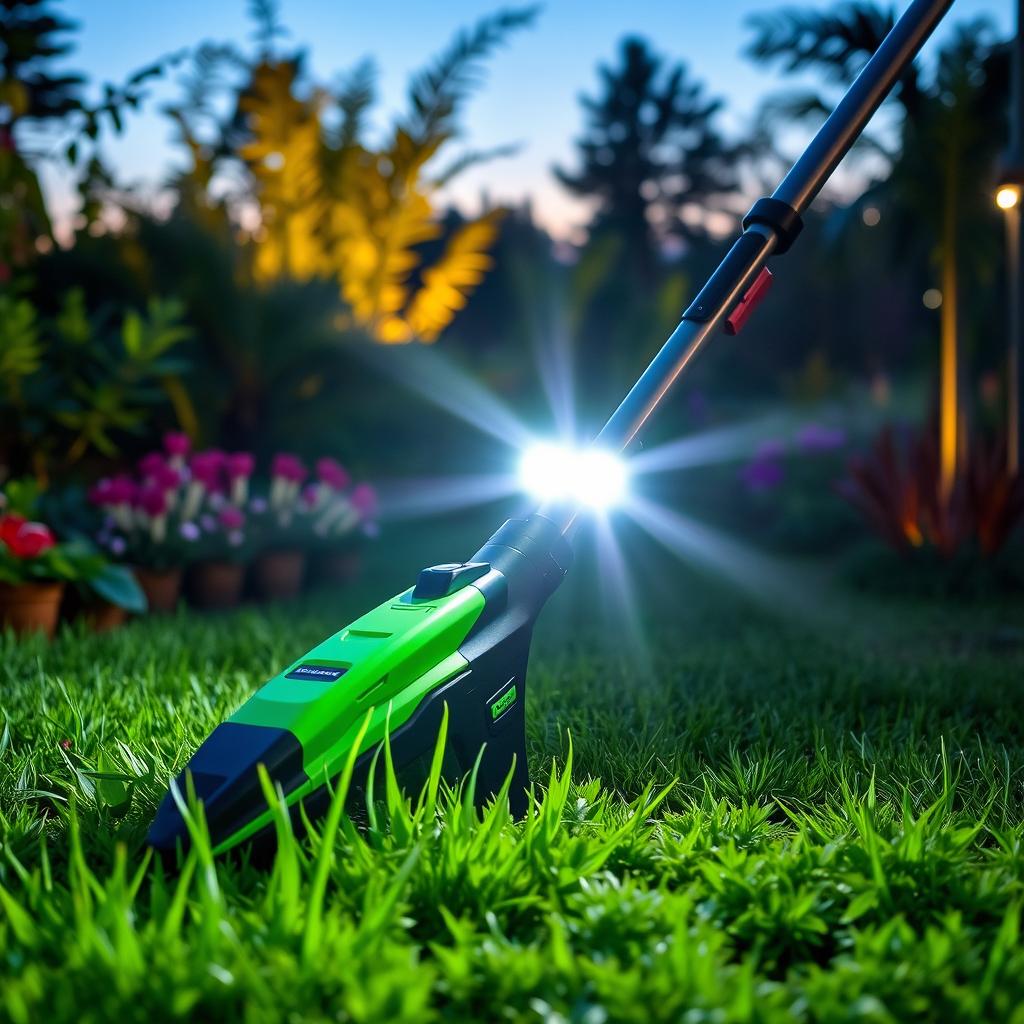A modern grass trimmer equipped with bright, powerful headlights for enhanced visibility while trimming