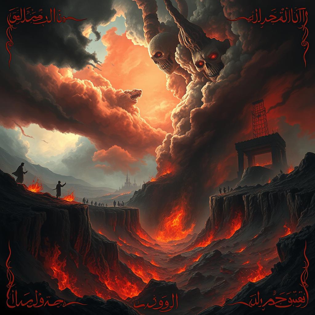 A surreal and dramatic depiction of Hell as described in Islamic teachings, showcasing a landscape of fiery pits, dark skies, and ominous shadows