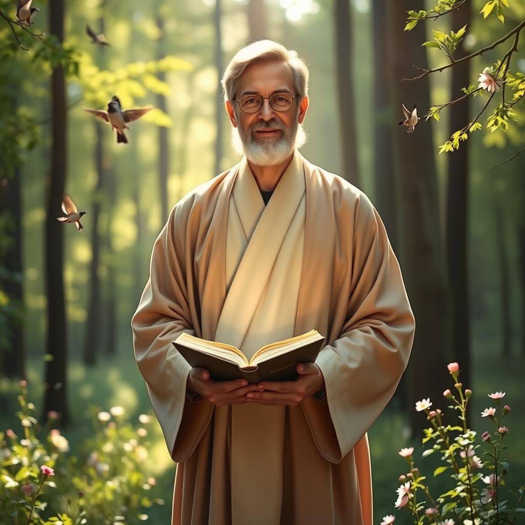A man of God standing in a serene forest, dressed in a simple yet elegant robe, with a soft glow illuminating his face