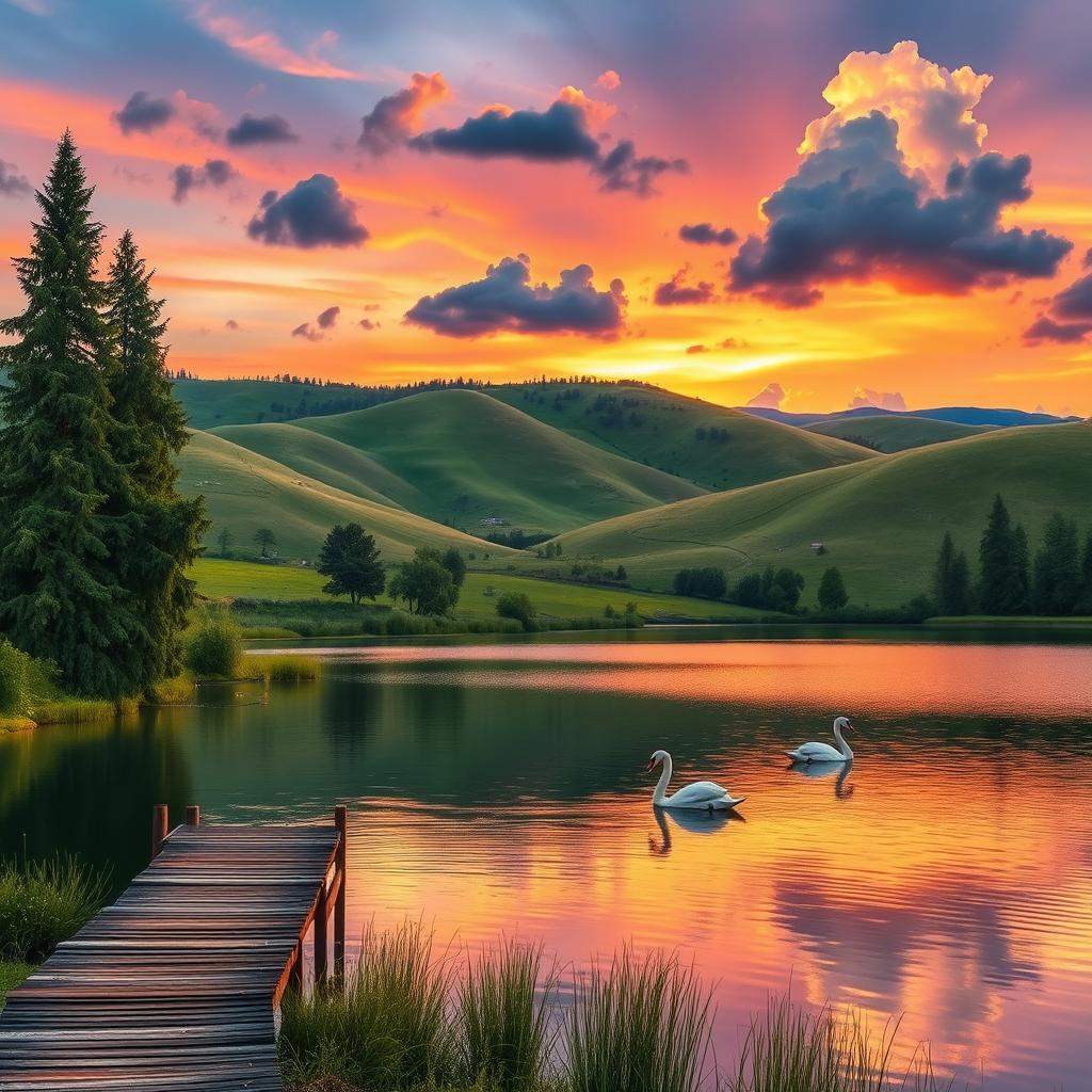A serene landscape featuring rolling hills and a vibrant sunset, with a picturesque lake reflecting the colors of the sky