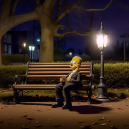 Homer Simpson, dressed in a spiffy suit, sitting alone on a park bench at night. He is sipping from a can, bathed in the dim light from a nearby streetlamp, creating a calm and quiet atmosphere.