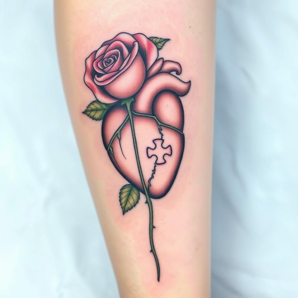 A simple yet striking tattoo design featuring a long, elegant rose rising from an anatomically shaped heart