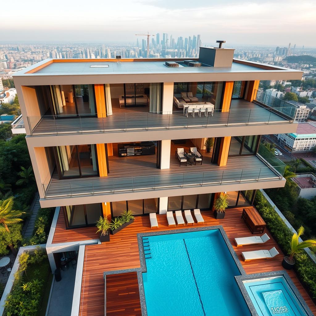 A modern guest house featuring five floors, designed with sleek architecture and large glass windows
