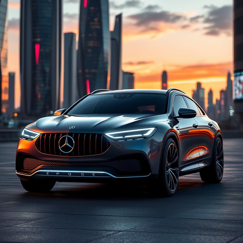 A futuristic Mercedes EQE inspired by the classic W126 design, featuring sleek lines and modern aesthetics while retaining the iconic elements of the W126, such as the prominent grille, rounded edges, and elegant silhouette
