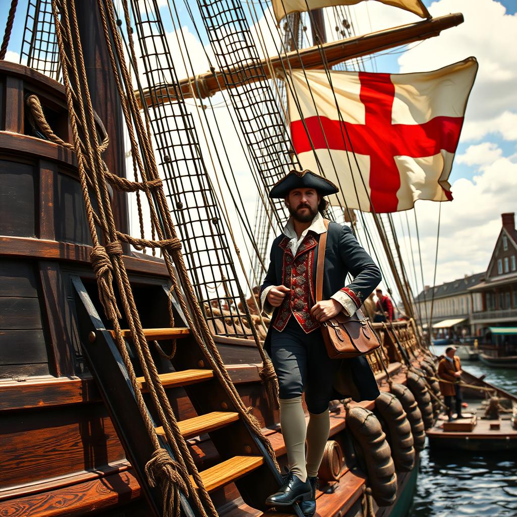 An 18th century man disembarking from a grand galleon via a wooden ladder, with the ship proudly displaying the 18th century flag of England