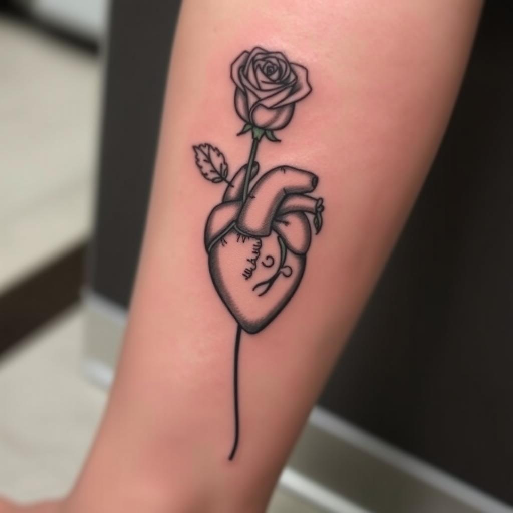 A simple yet elegant tattoo design featuring a long, graceful rose rising from an anatomically shaped heart