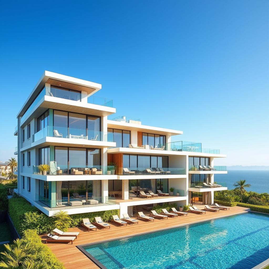 A modern guest house featuring five stylish floors, each with large glass windows showcasing contemporary architecture