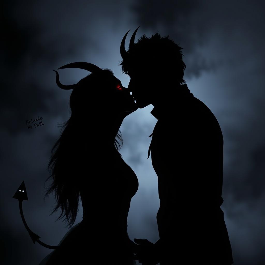 Silhouette of a passionate kiss between a human and a demon, with a detailed focus on the differences: the demon features curved or pointed horns and a slim tail ending with an arrow-like tip