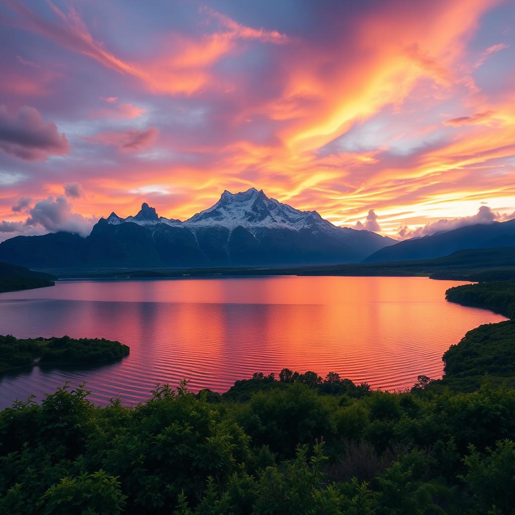 A stunning landscape featuring a majestic mountain range under a vibrant sunset